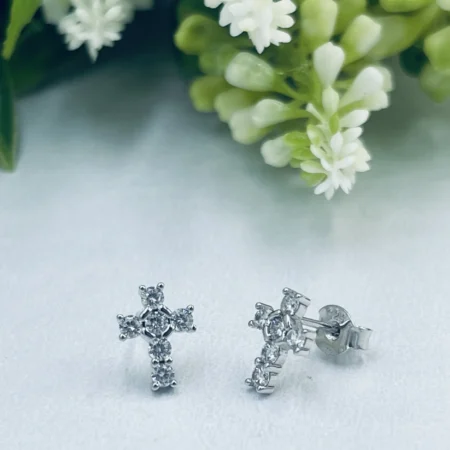 Sterling Silver Cross studs with Cubics 10x8