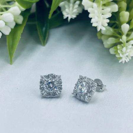 Cubic Zirconia Pave Square Halo Studs 10x10