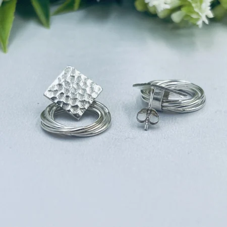 Sterling Silver Circles on Hammered Square Studs 25x15