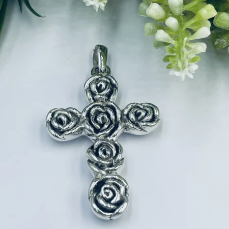 Sterling Silver Classic Rose Cross Pendant 60x35