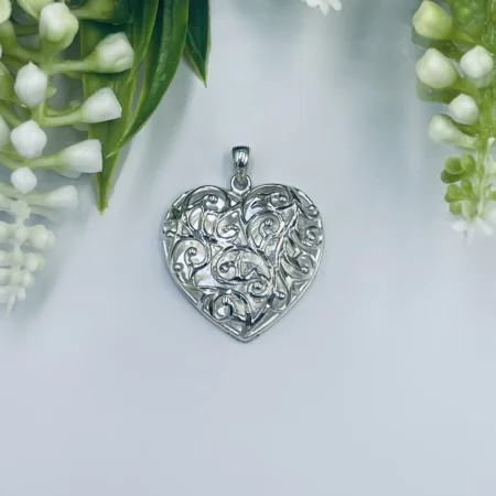 Sterling Silver Filigree Pattern Heart Pendant 38x25