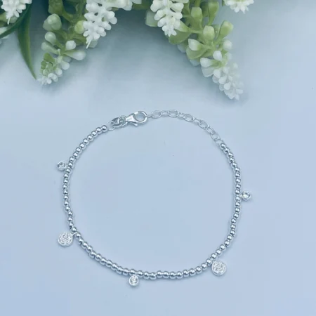 Sterling Silver Ball Bracelet with Cubic Zirconia Disks 19cm
