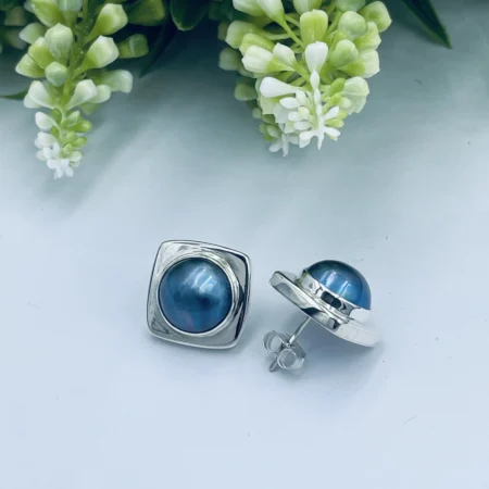 Sterling Silver Square Blue Mabe Earrings 16x16