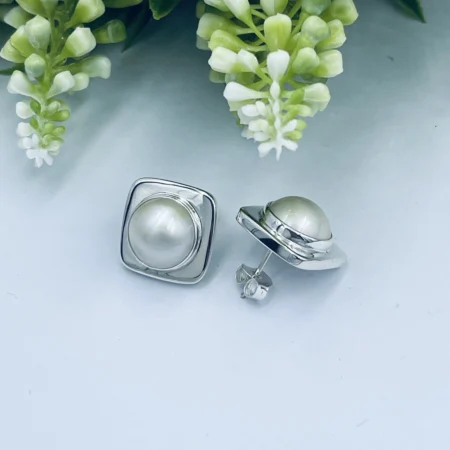 Sterling Silver Square White Mabe Earrings 16x16