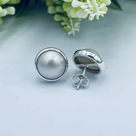 Sterling Silver Round White Mabe Earrings 14mm
