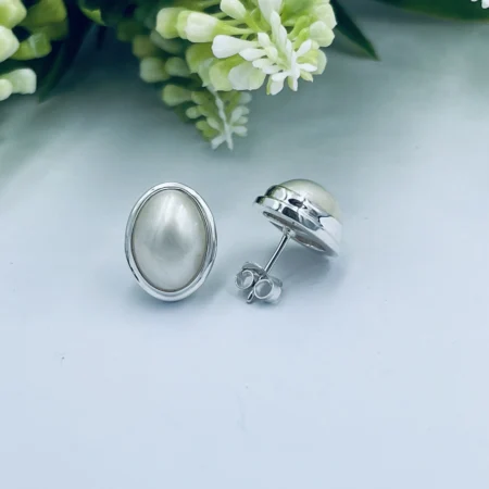 Sterling Silver Oval White Mabe Earrings 16x12