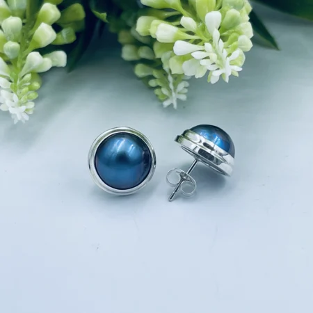Sterling Silver Round Blue Mabe Earrings 14mm