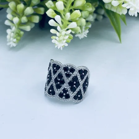 Sterling Silver 17mm Onyx & White Pattern Cubic ring