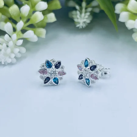 Sterling Silver Multi Colour Cubic Zirconia Flower Stud Earrings 10mm