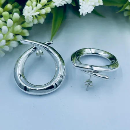 Sterling Silver Elongated Oval Bypass Hoop Studs 38x33