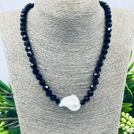Black Bead Necklace with Baroque Pearl & Sterling Silver Clasp