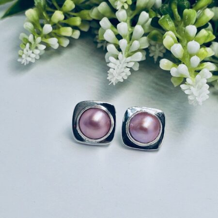 Sterling Silver Stud Earrings with Pink Mabe 16x16