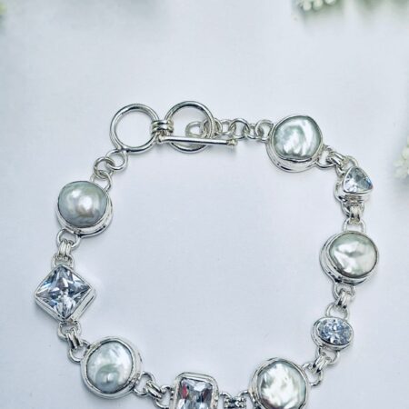 Sterling Silver Bracelet with Biwa Pearls and Cubic Stones 19cm-20cm