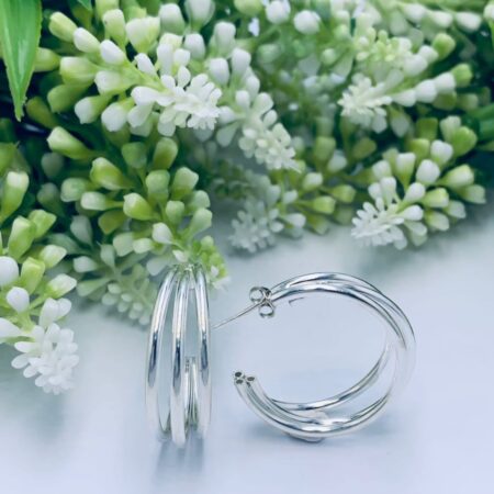 Sterling Silver Triple Band Hoop with Stud Size: 38x10